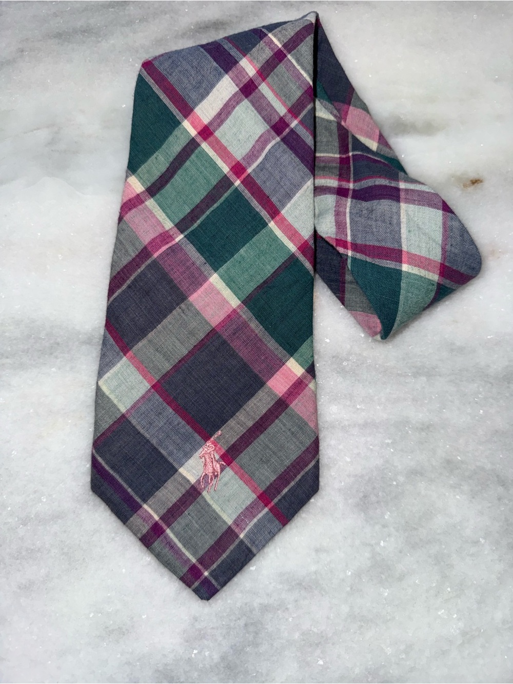 Polo Ralph Lauren Vintage 100% Cotton Necktie Tie-Green Purple Plaid-Made in USA